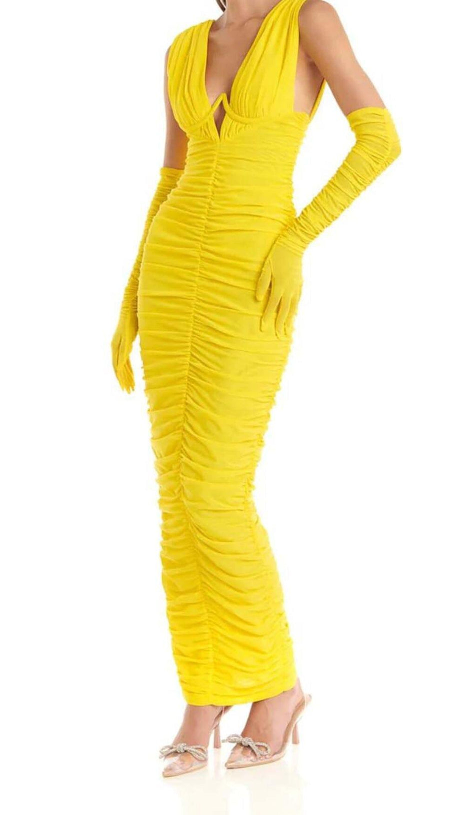 PLUNGE V NECKLINE WITH GLOVE MAXI DRESS IN YELLOW