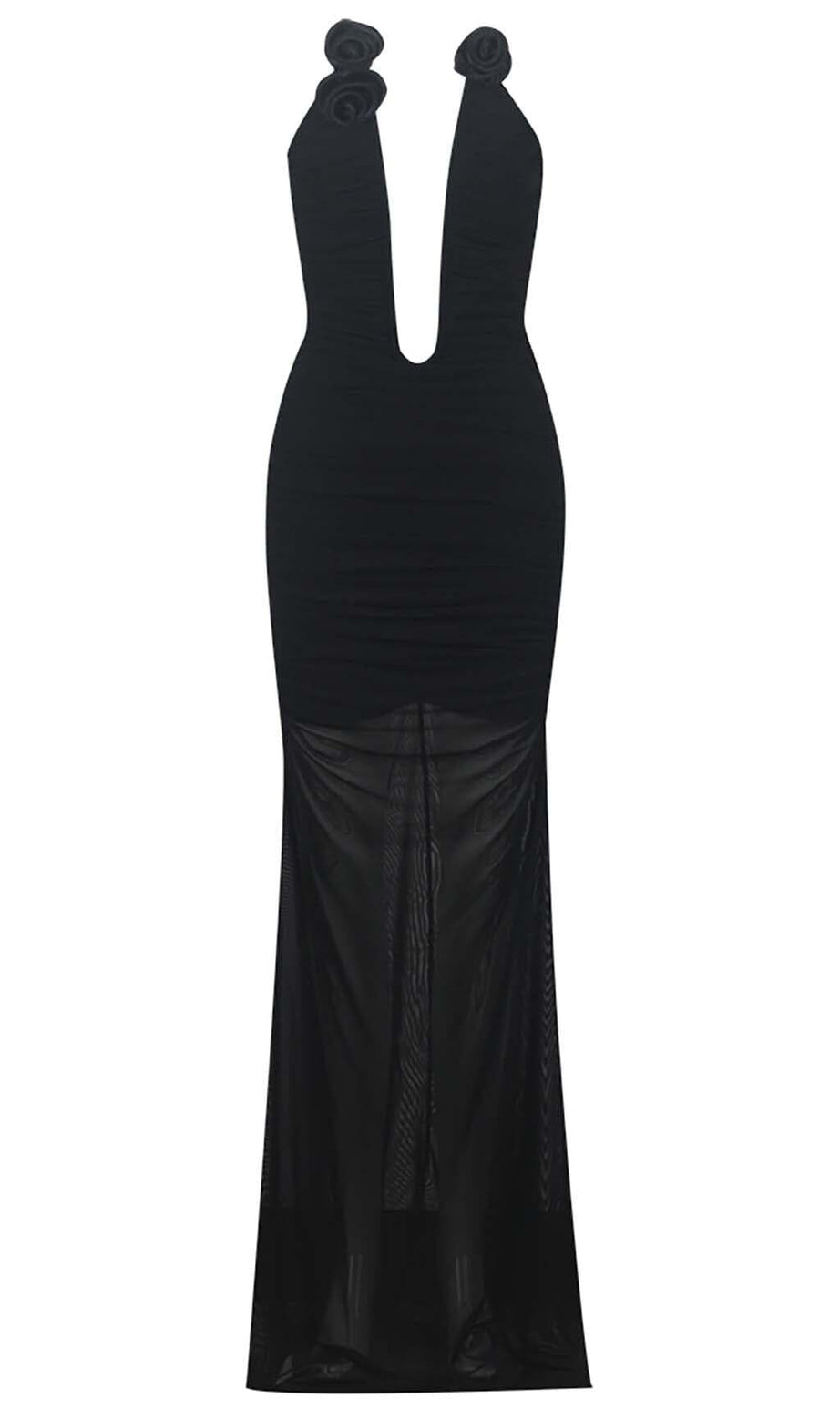 PLUNGING HALTER NECKLINE MAXI DRESS IN BLACK