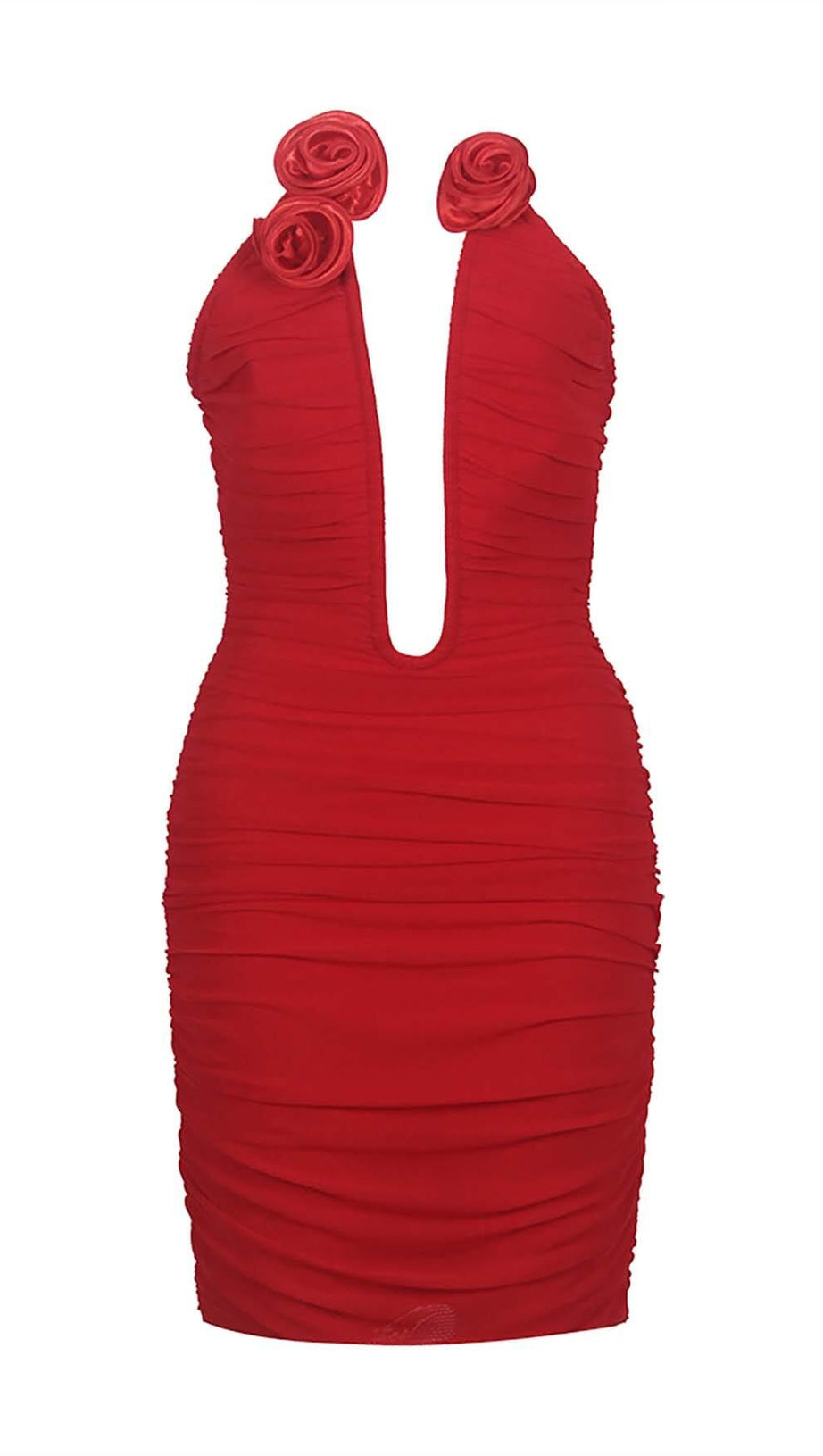 PLUNGING HALTER NECKLINE MINI DRESS IN RED