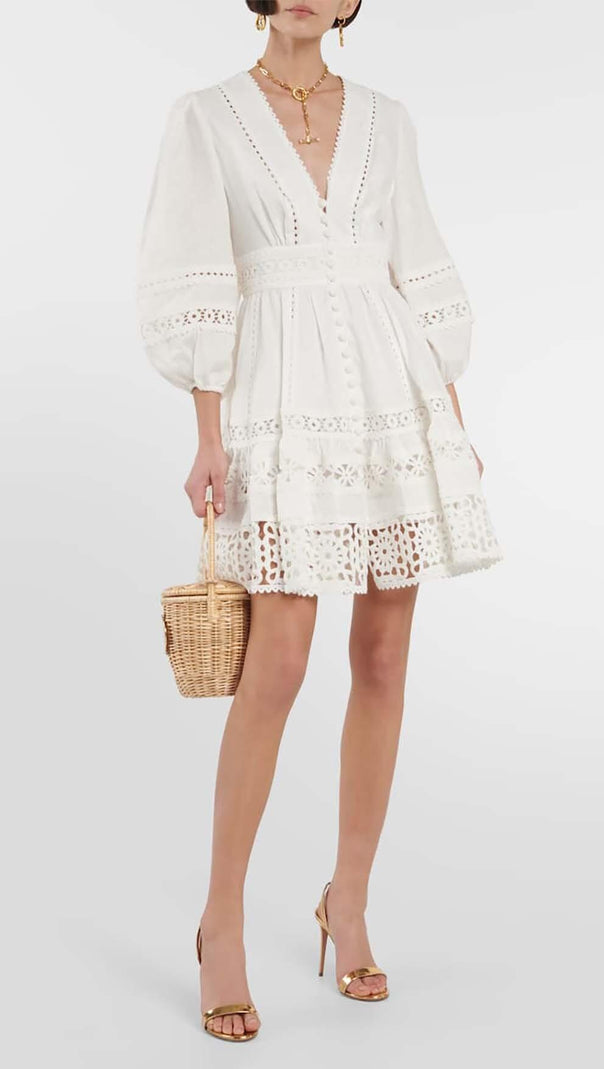 AIIZIE PLUNGING NECK LACE MINI DRESS IN WHITE - product image