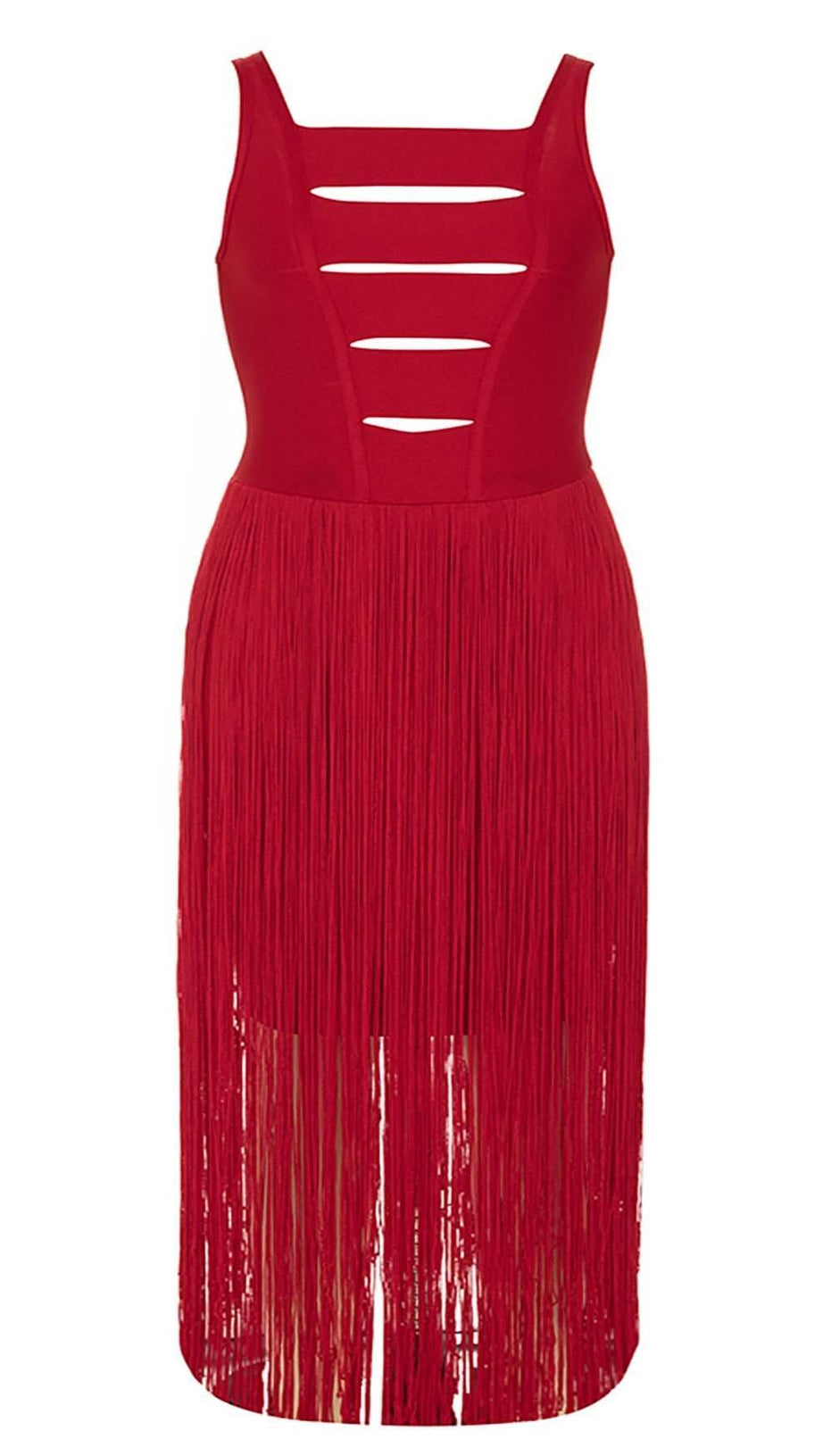PLUS CUTOUT TASSEL MIDI DRESS IN RED