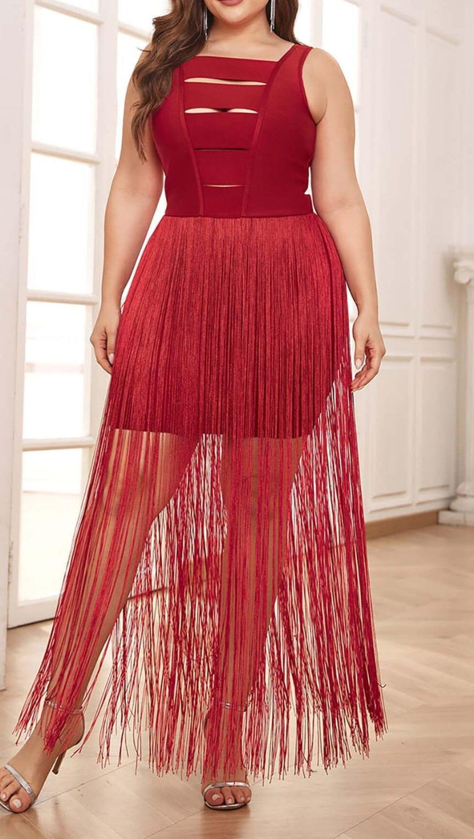 PLUS CUTOUT TASSEL MIDI DRESS IN RED