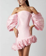 PUFF ASYMMETRIC MINI DRESS IN PINK