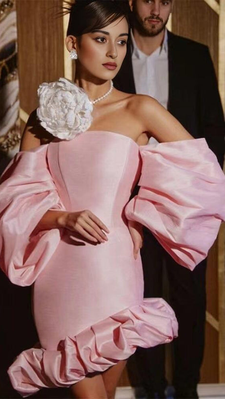 PUFF ASYMMETRIC MINI DRESS IN PINK