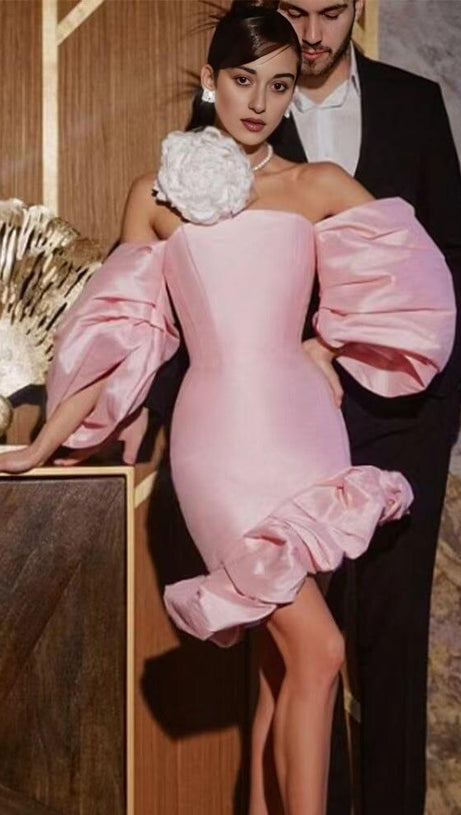 PUFF ASYMMETRIC MINI DRESS IN PINK