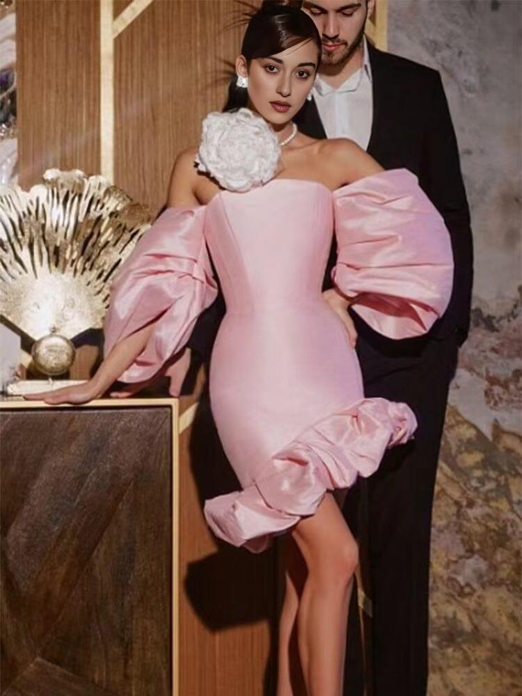 AIIZIE PUFF ASYMMETRIC MINI DRESS IN PINK - product image