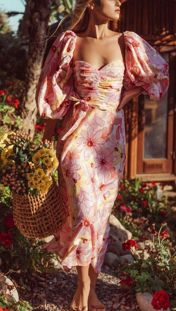AIIZIE PUFF FLORAL MIDI DRESS IN PASTEL BLOOMS - product image