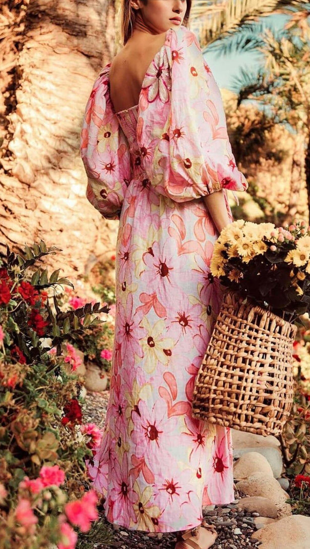 AIIZIE PUFF FLORAL MIDI DRESS IN PASTEL BLOOMS - product image