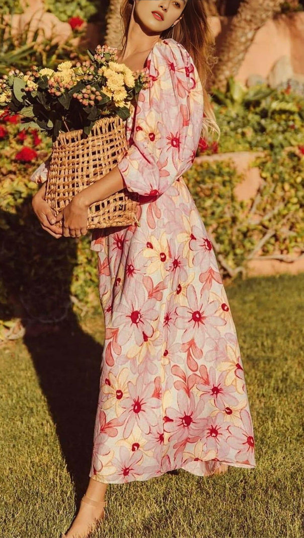 AIIZIE PUFF FLORAL MIDI DRESS IN PASTEL BLOOMS - product image