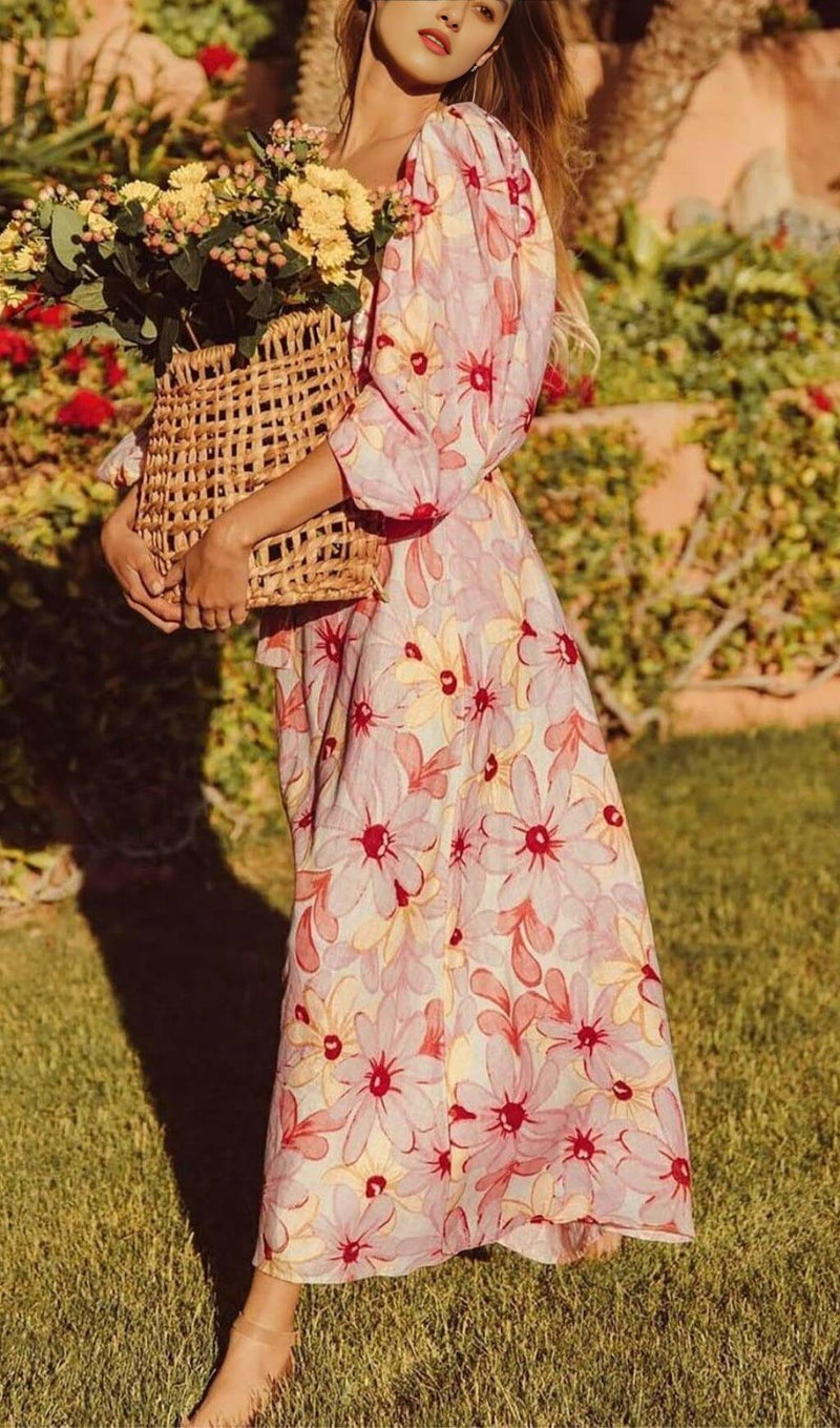 PUFF FLORAL MIDI DRESS IN PASTEL BLOOMS