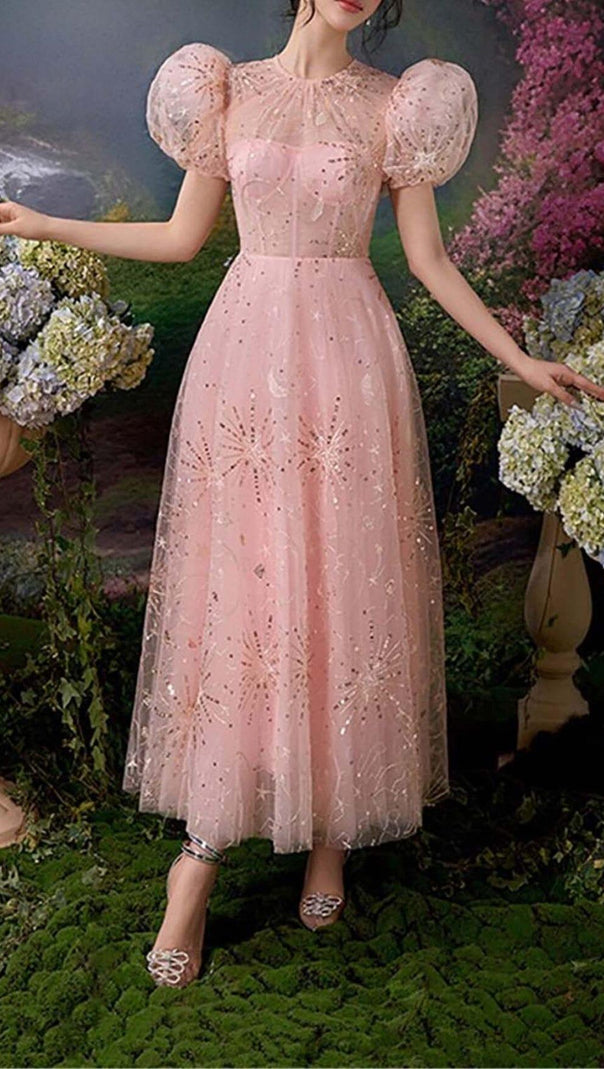 AIIZIE PUFF SLEEVE SEQUINS MAXI DRESS IN PINK - product image