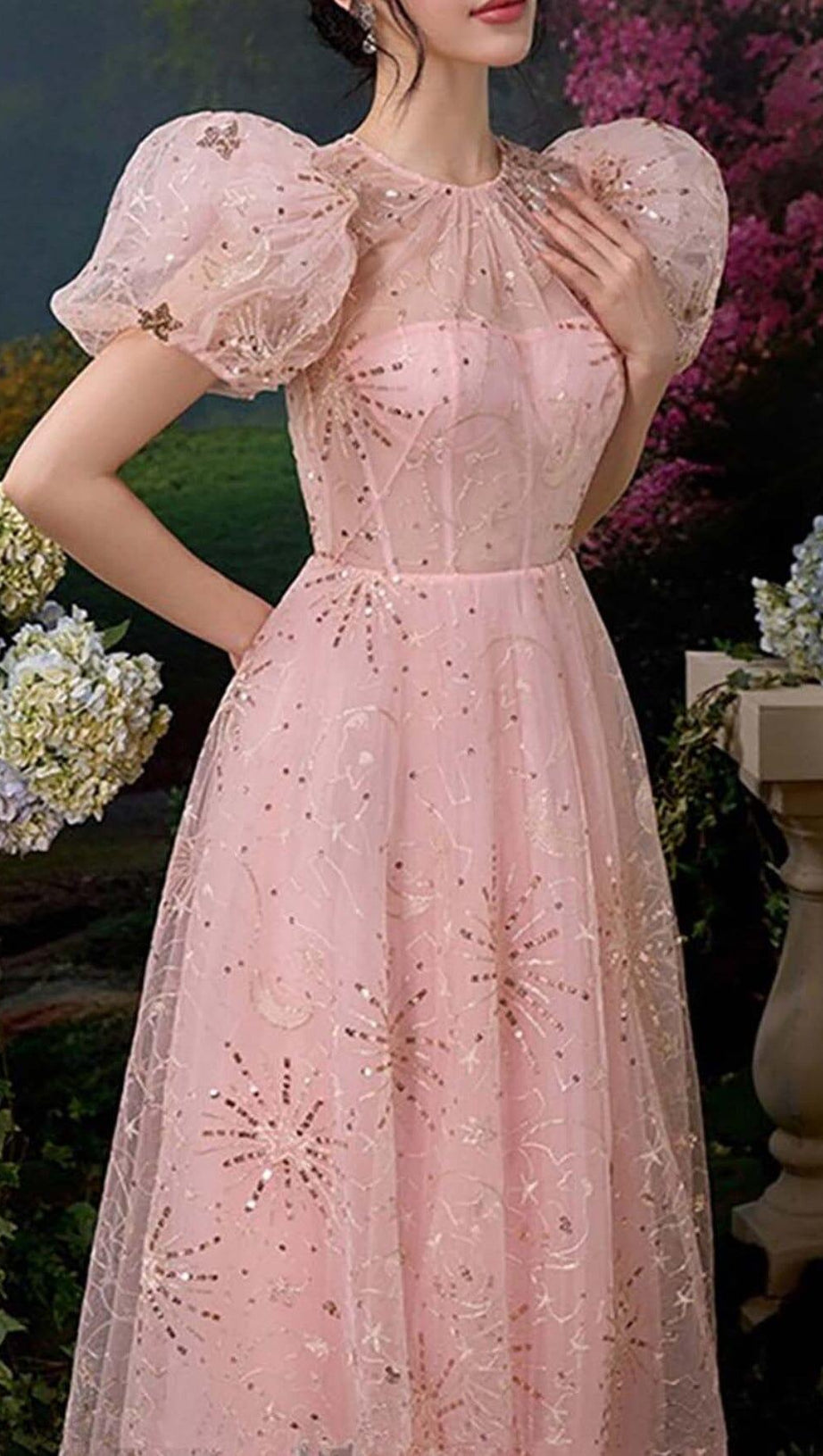 PUFF SLEEVE SEQUINS MAXI DRESS IN PINK