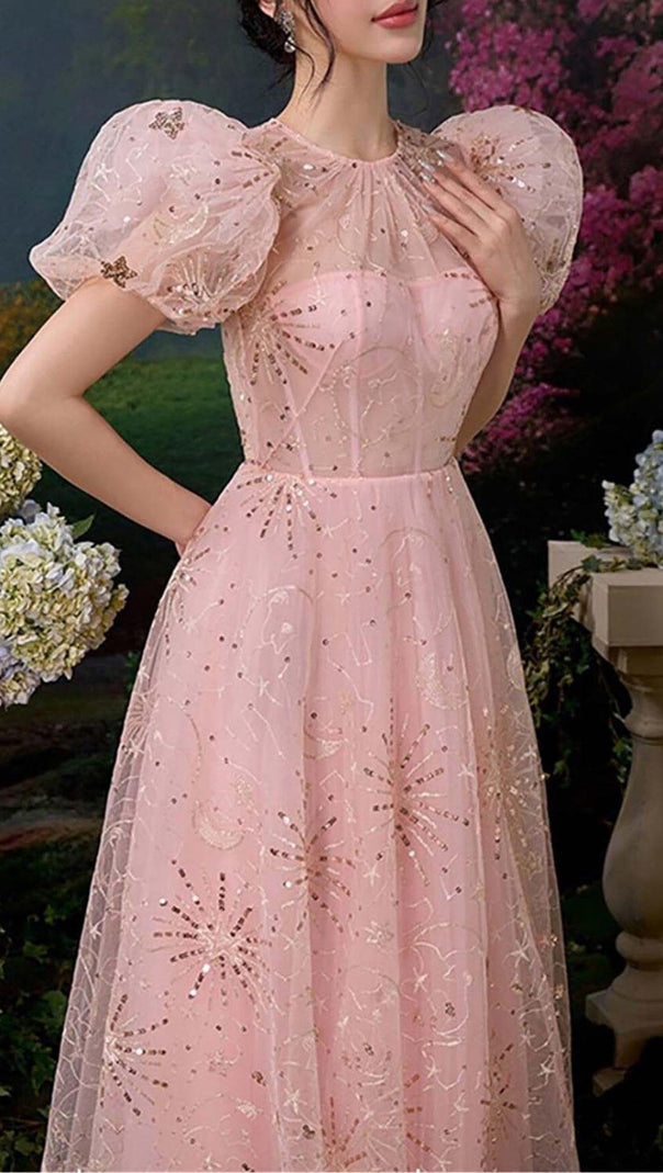 AIIZIE PUFF SLEEVE SEQUINS MAXI DRESS IN PINK - product image
