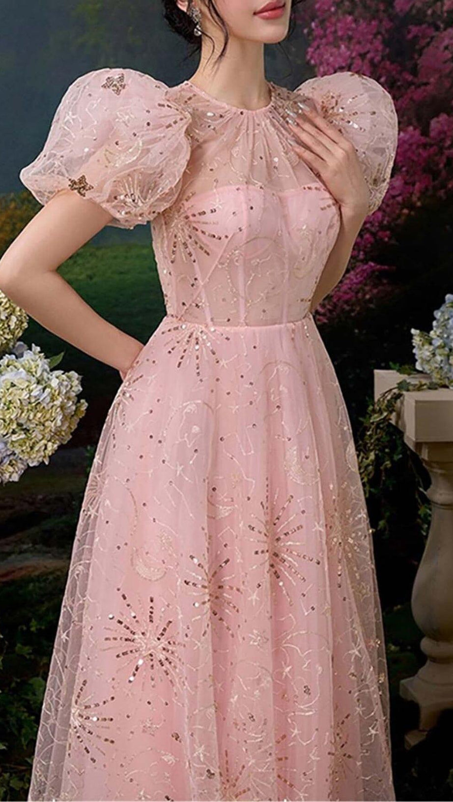 PUFF SLEEVE SEQUINS MAXI DRESS IN PINK