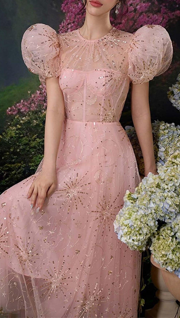 AIIZIE PUFF SLEEVE SEQUINS MAXI DRESS IN PINK - product image