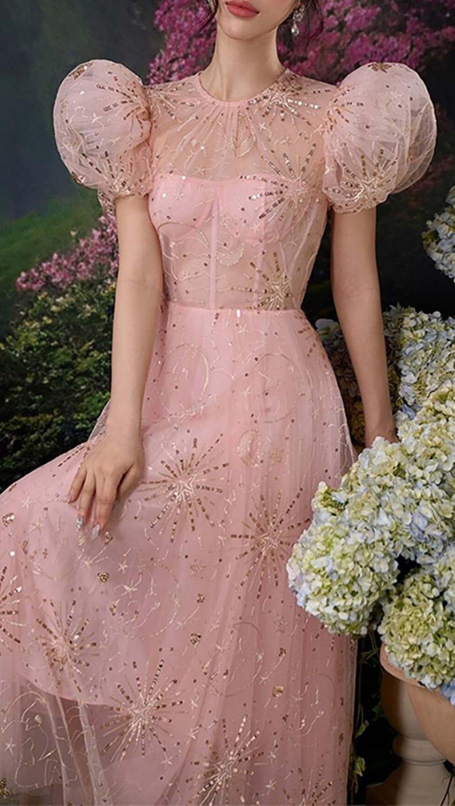 PUFF SLEEVE SEQUINS MAXI DRESS IN PINK