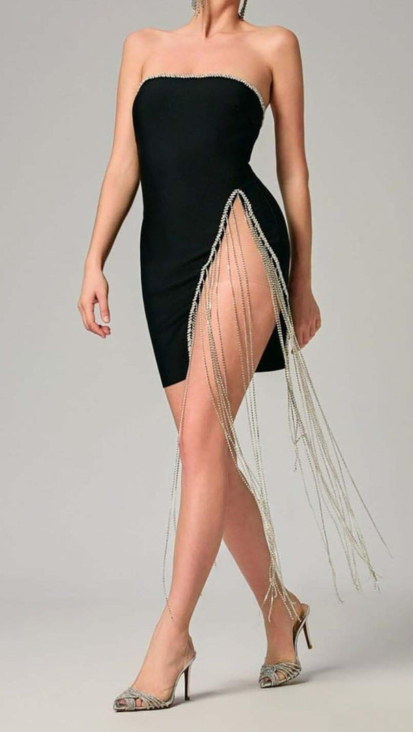 AIIZIE RHINESTONE TASSEL MINI BANDAGE DRESS IN BLACK - product image