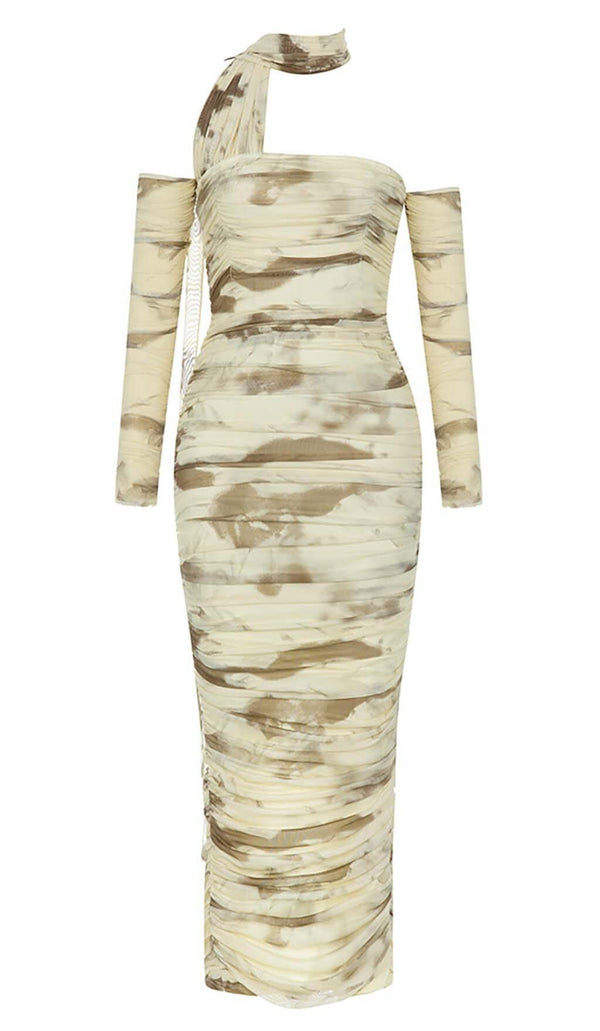 RUCHED BANDEAU MIDI DRESS IN BEIGE