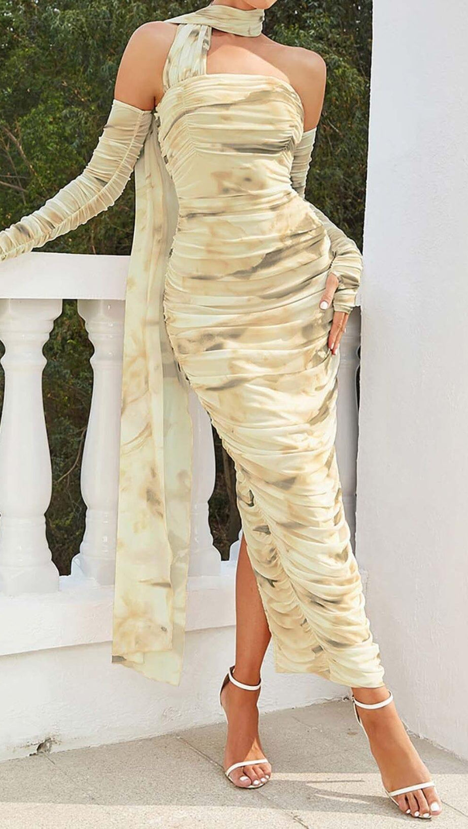 RUCHED BANDEAU MIDI DRESS IN BEIGE