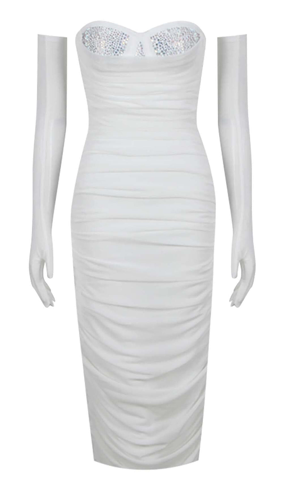 RUCHED BANDEAU MIDI DRESS IN WHITE