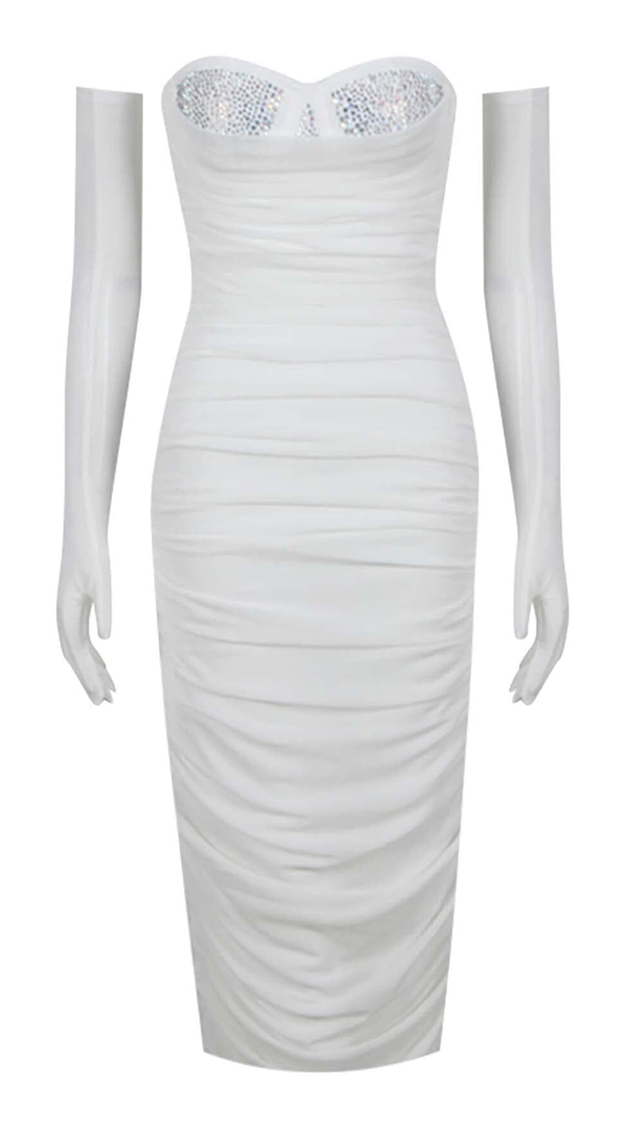 RUCHED BANDEAU MIDI DRESS IN WHITE