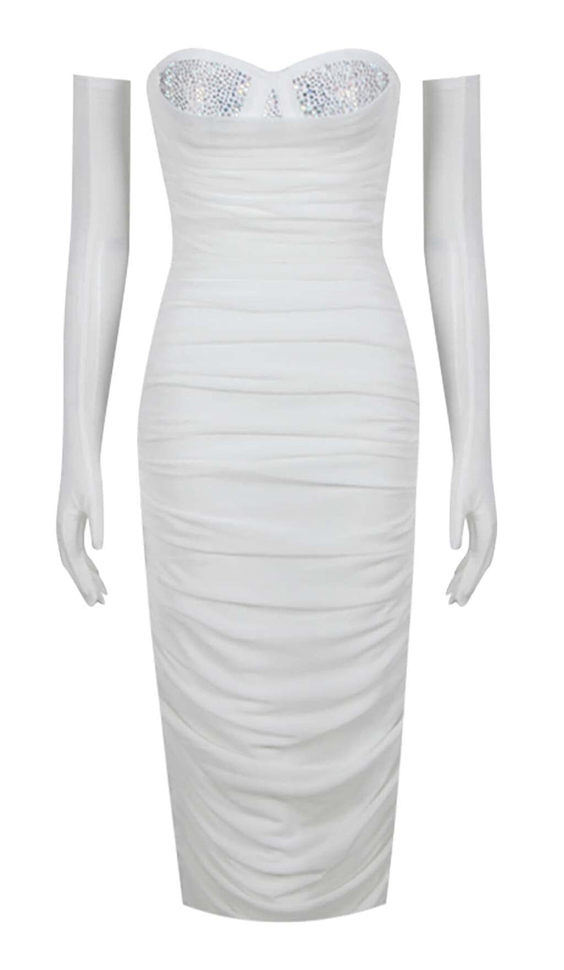 RUCHED BANDEAU MIDI DRESS IN WHITE