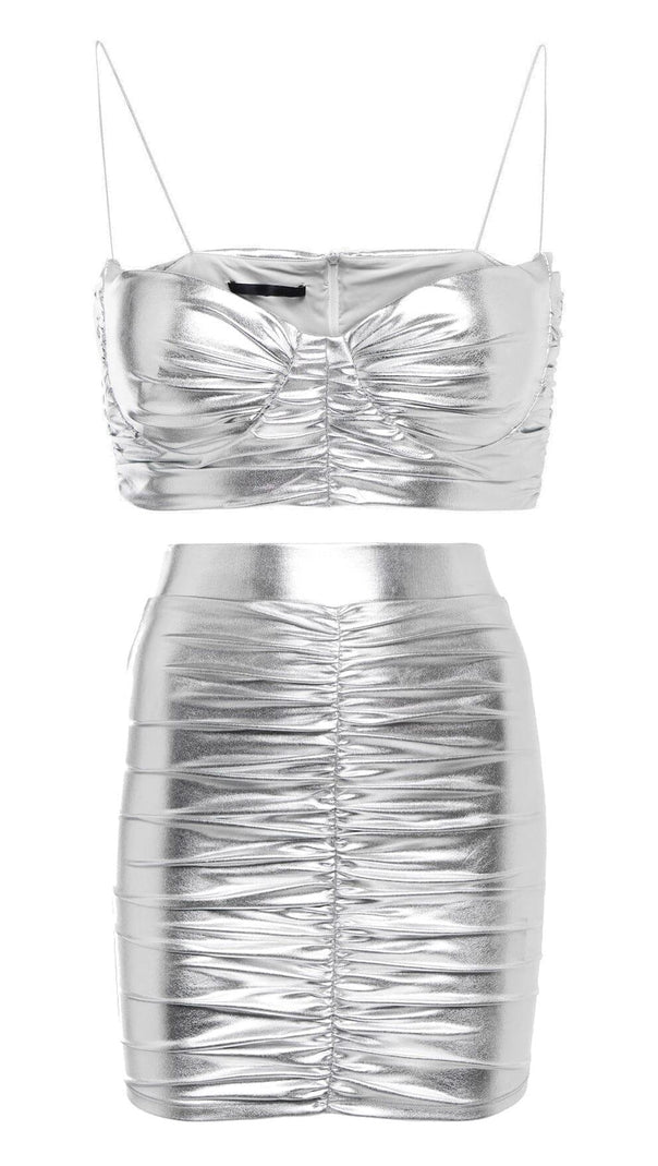 AIIZIE RUCHED BRALETTE AND SKIRT SET IN SLIVER - product image