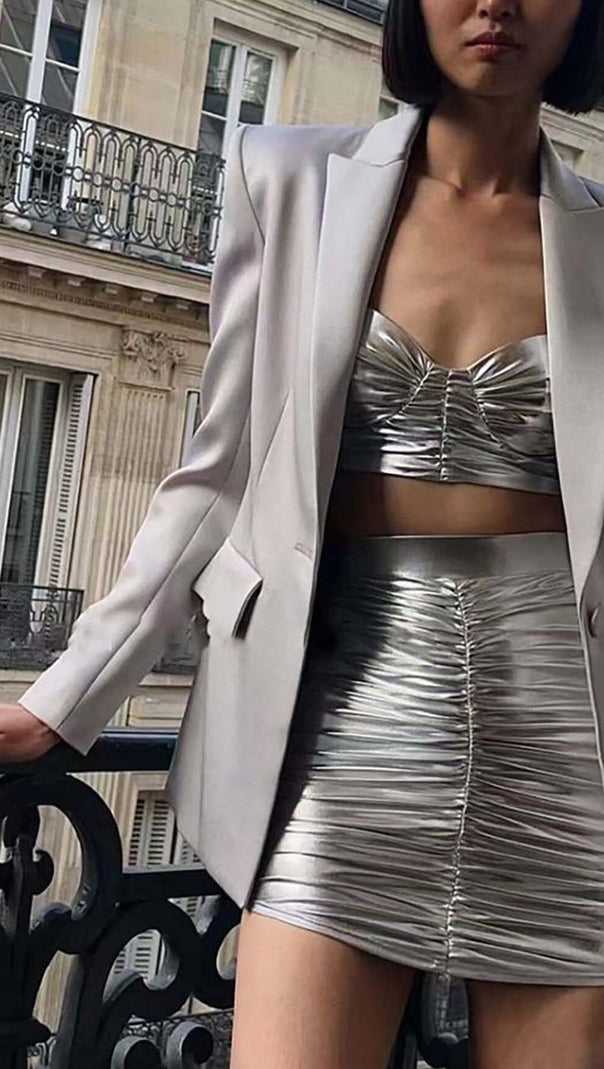 AIIZIE RUCHED BRALETTE AND SKIRT SET IN SLIVER - product image