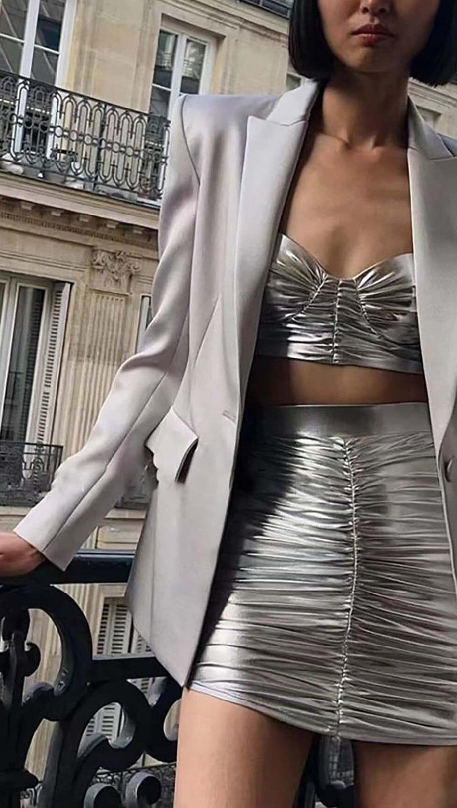 RUCHED BRALETTE AND SKIRT SET IN SLIVER