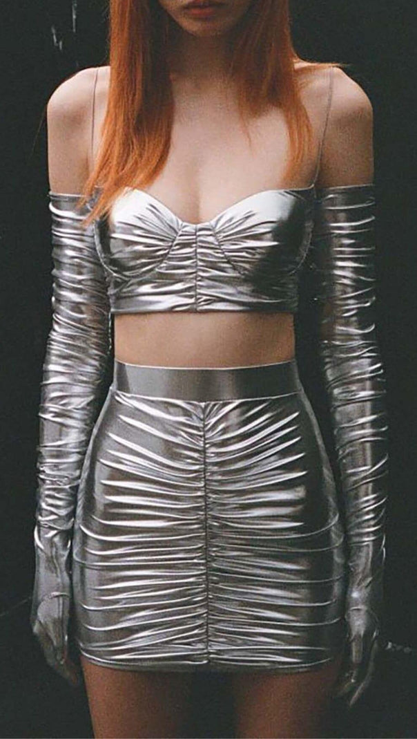 AIIZIE RUCHED BRALETTE AND SKIRT SET IN SLIVER - product image