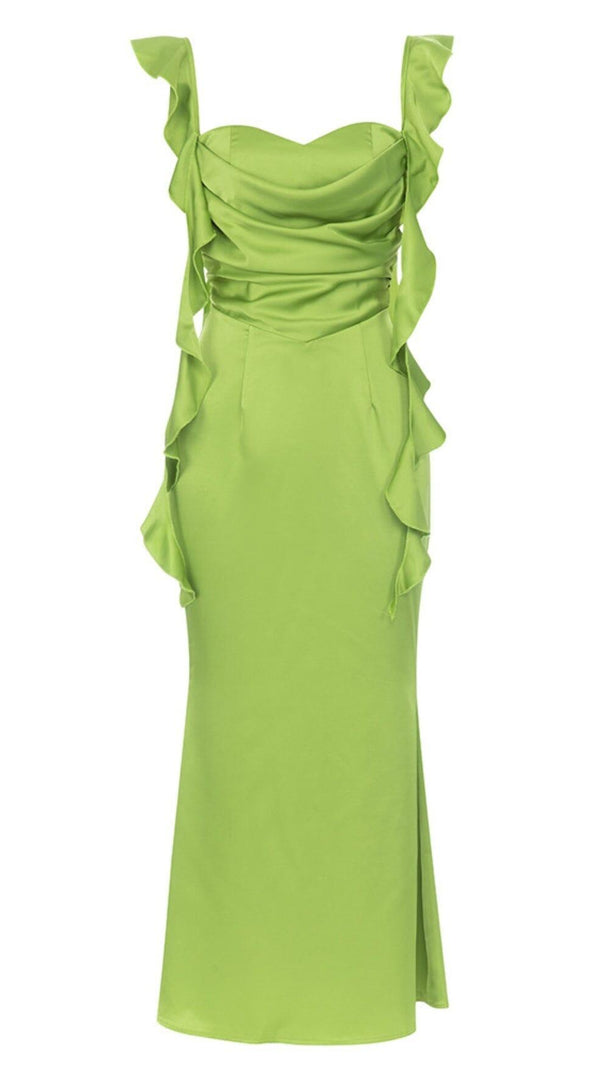 AIIZIE RUCHED SATIN MAXI DRESS IN GREEN - product image