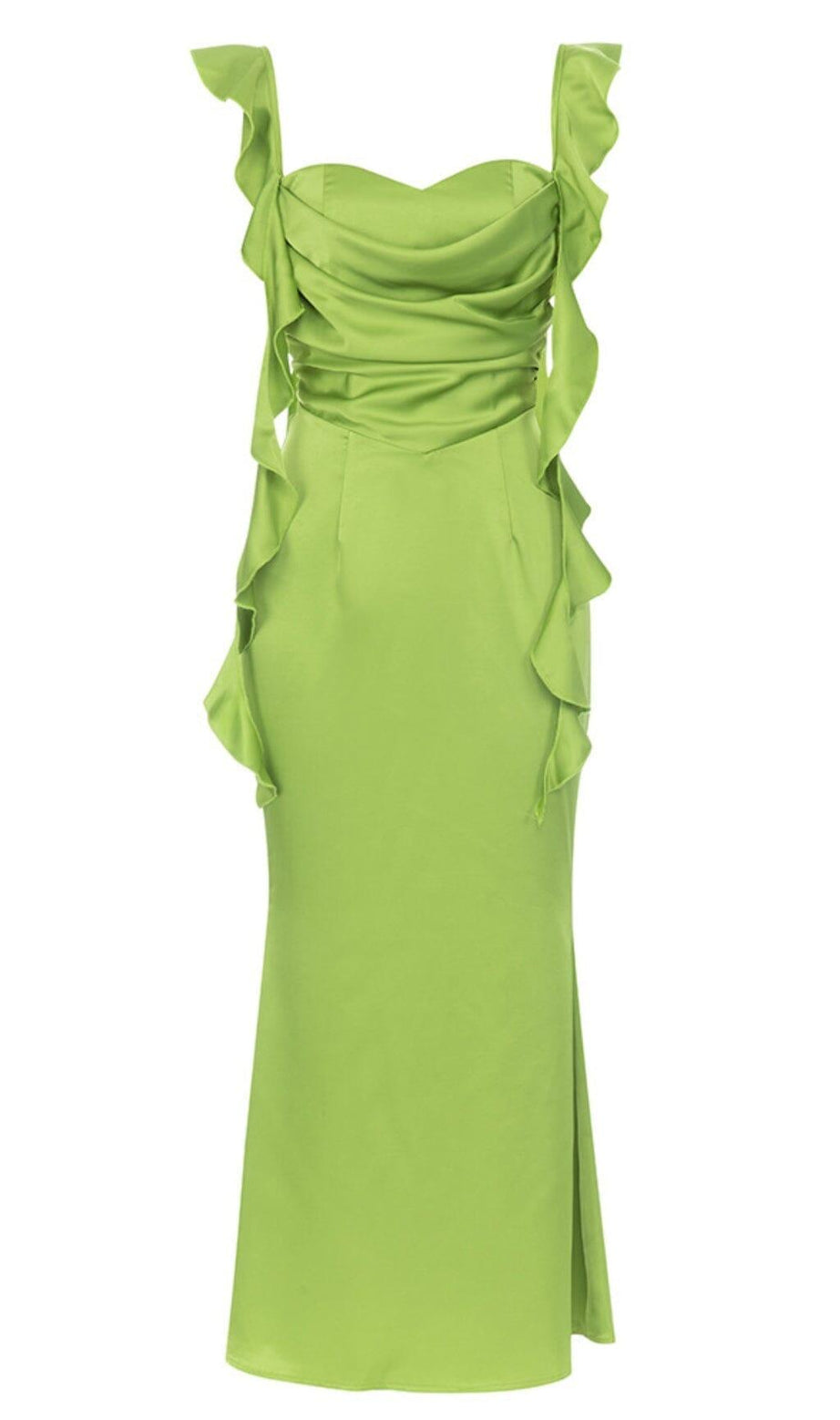 RUCHED SATIN MAXI DRESS IN GREEN
