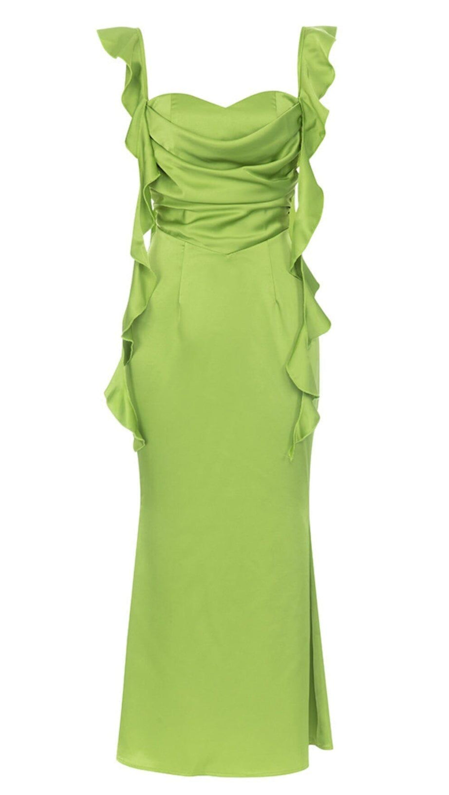RUCHED SATIN MAXI DRESS IN GREEN