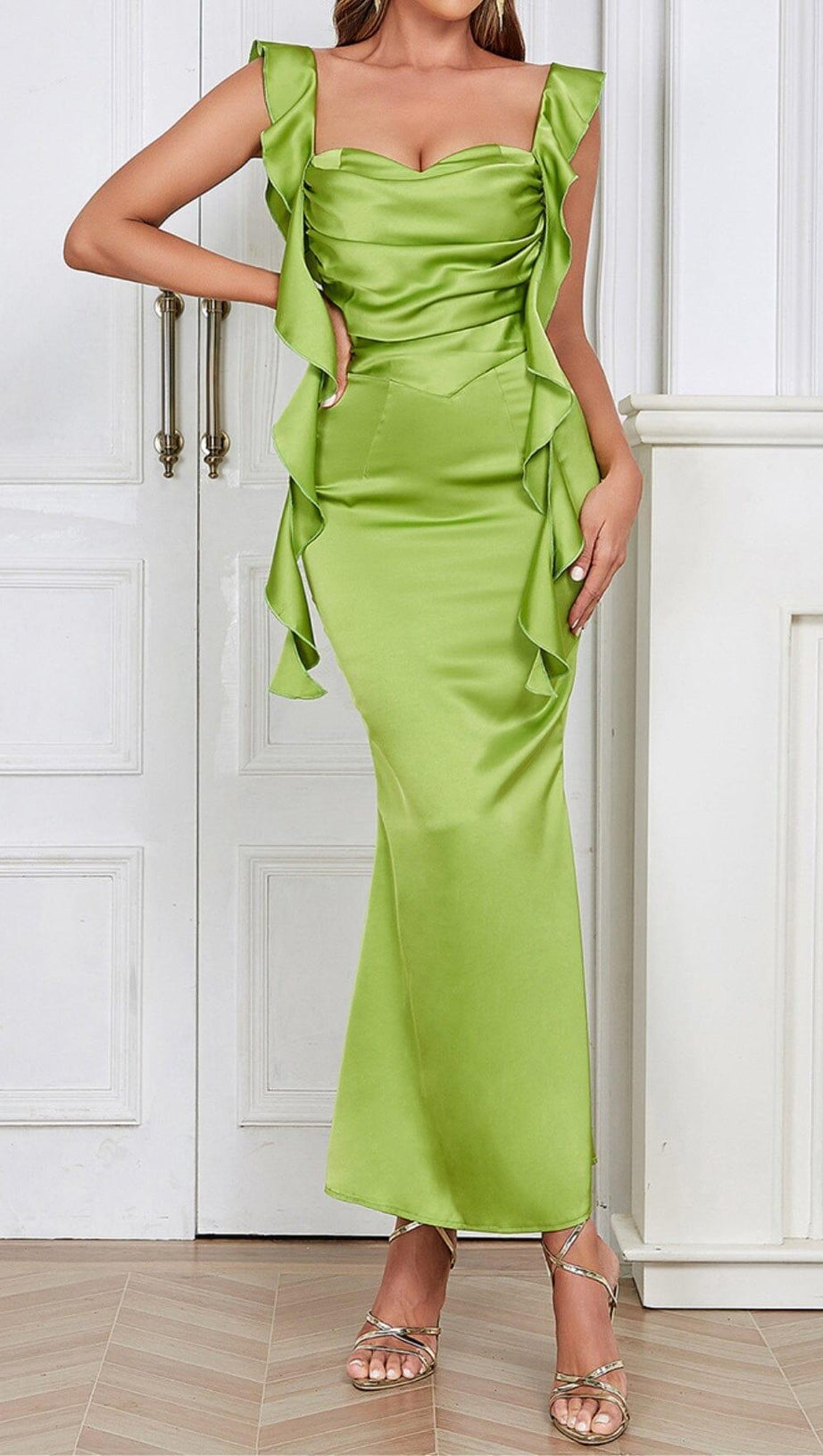 RUCHED SATIN MAXI DRESS IN GREEN