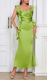 RUCHED SATIN MAXI DRESS IN GREEN