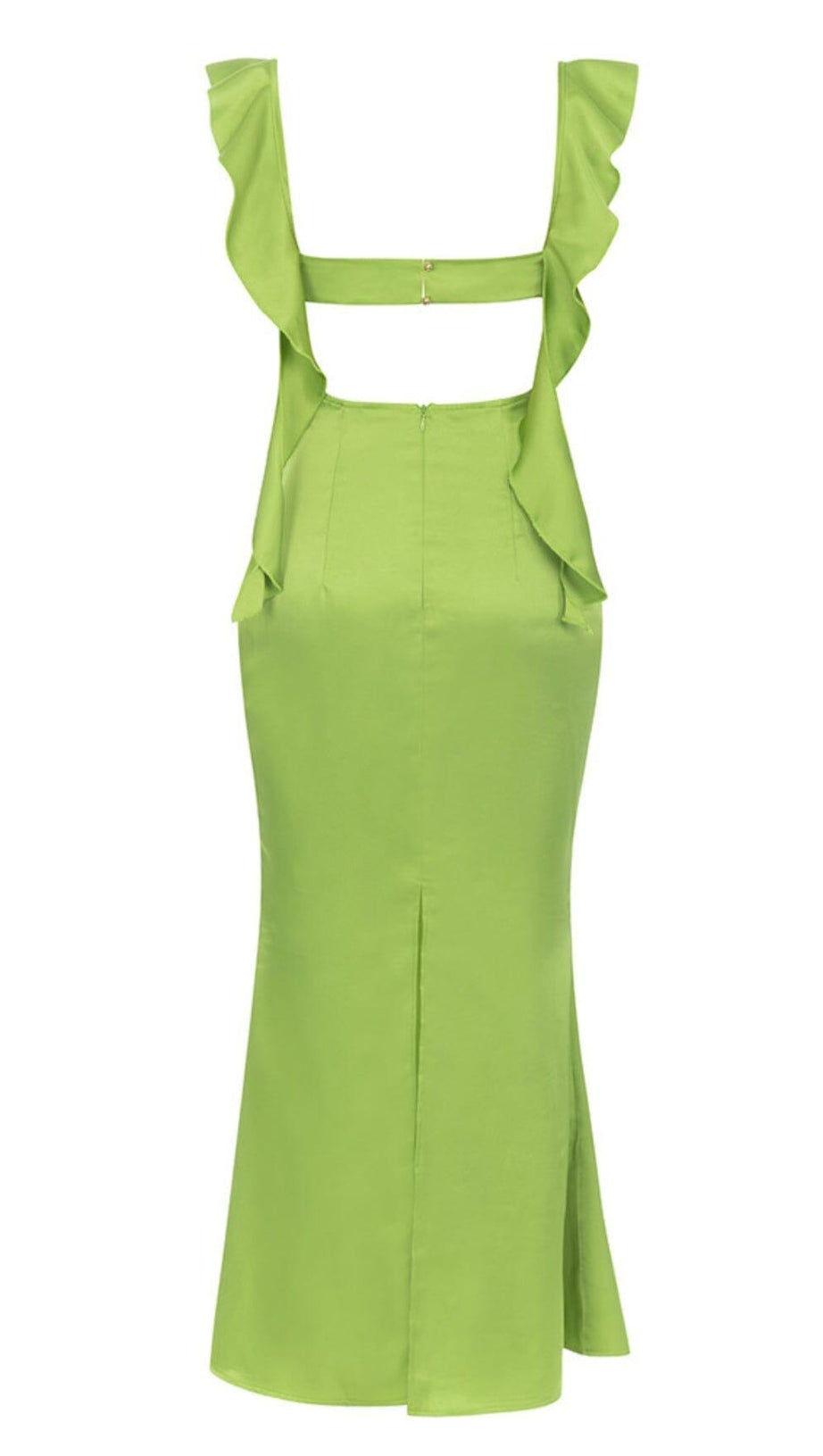 RUCHED SATIN MAXI DRESS IN GREEN