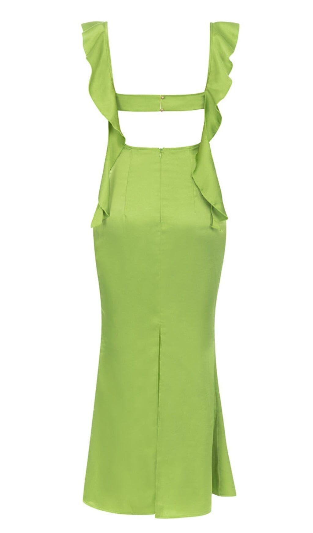 RUCHED SATIN MAXI DRESS IN GREEN