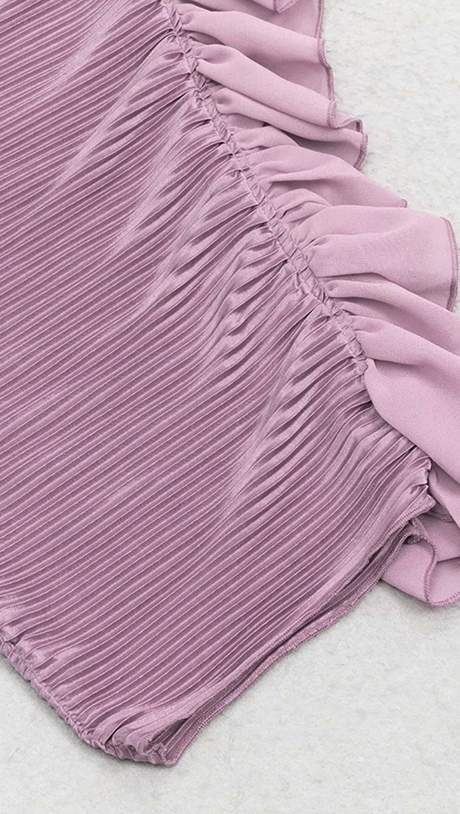 RUFFED OFF SHOULDER HIGH LOW DRESS IN LAVENDER