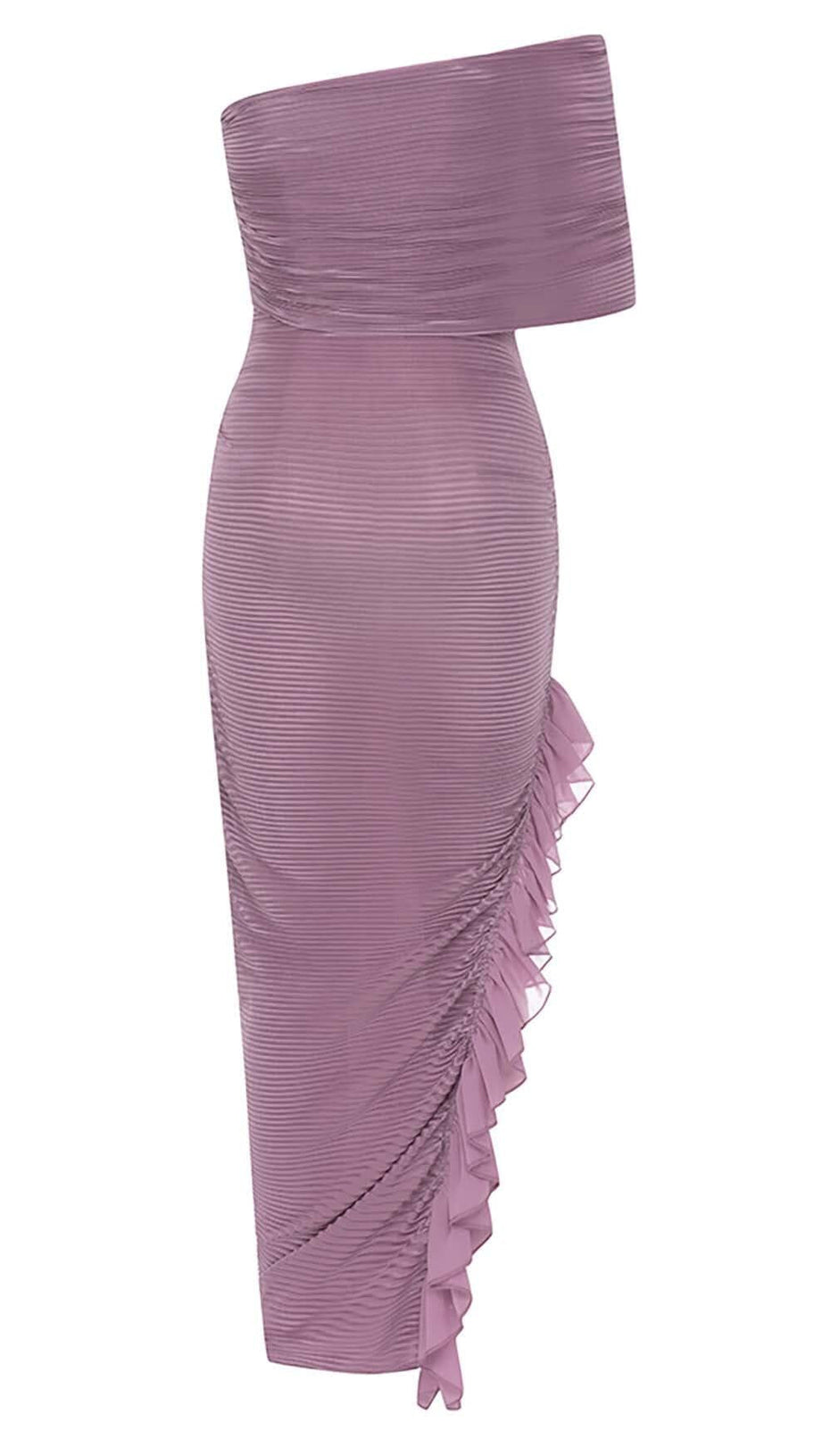 RUFFED OFF SHOULDER HIGH LOW DRESS IN LAVENDER