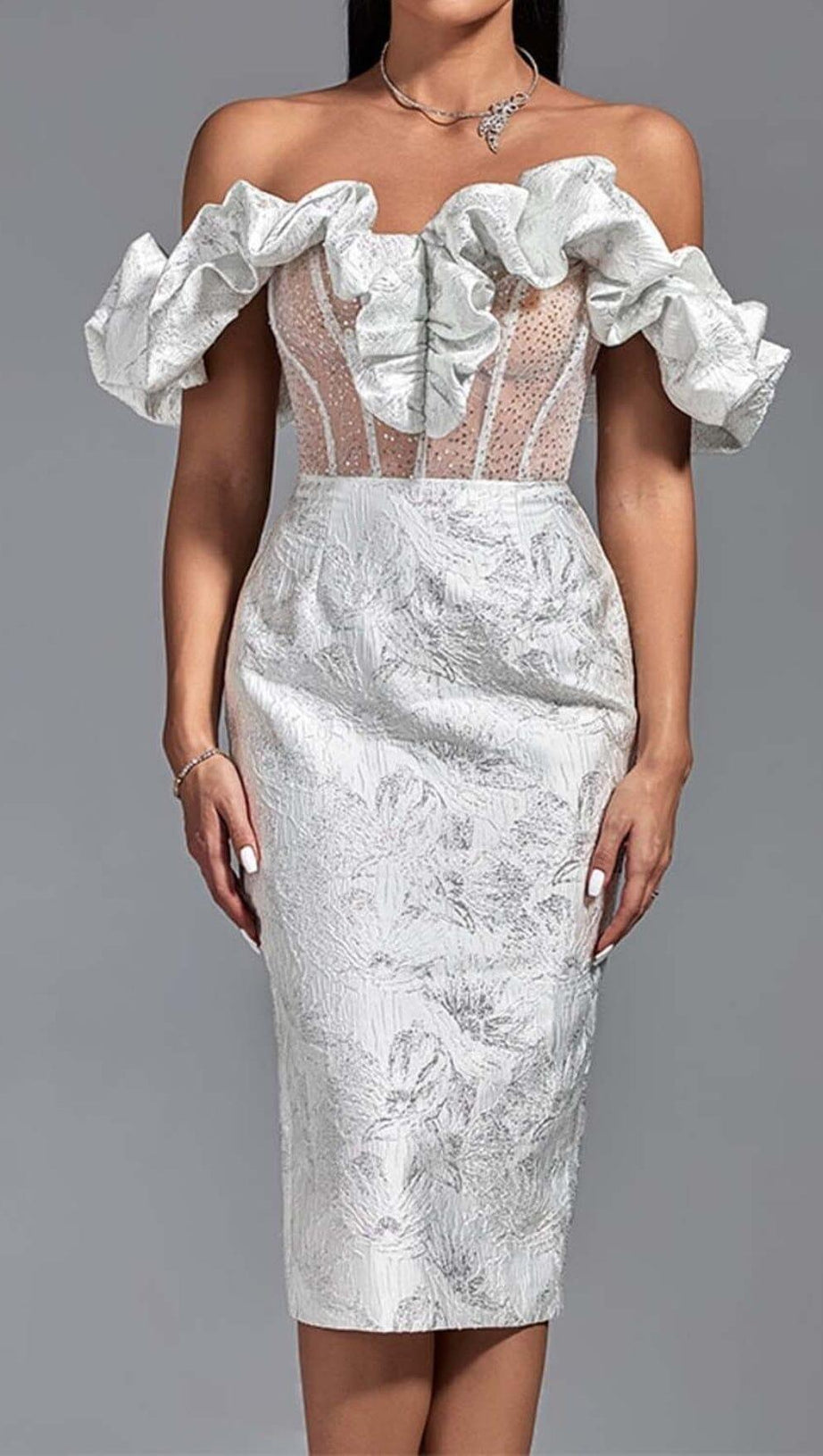 RUFFLE CORSET MIDI DRESS IN WHITE