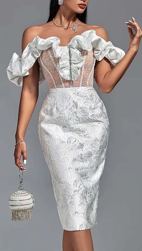 AIIZIE RUFFLE CORSET MIDI DRESS IN WHITE - product image