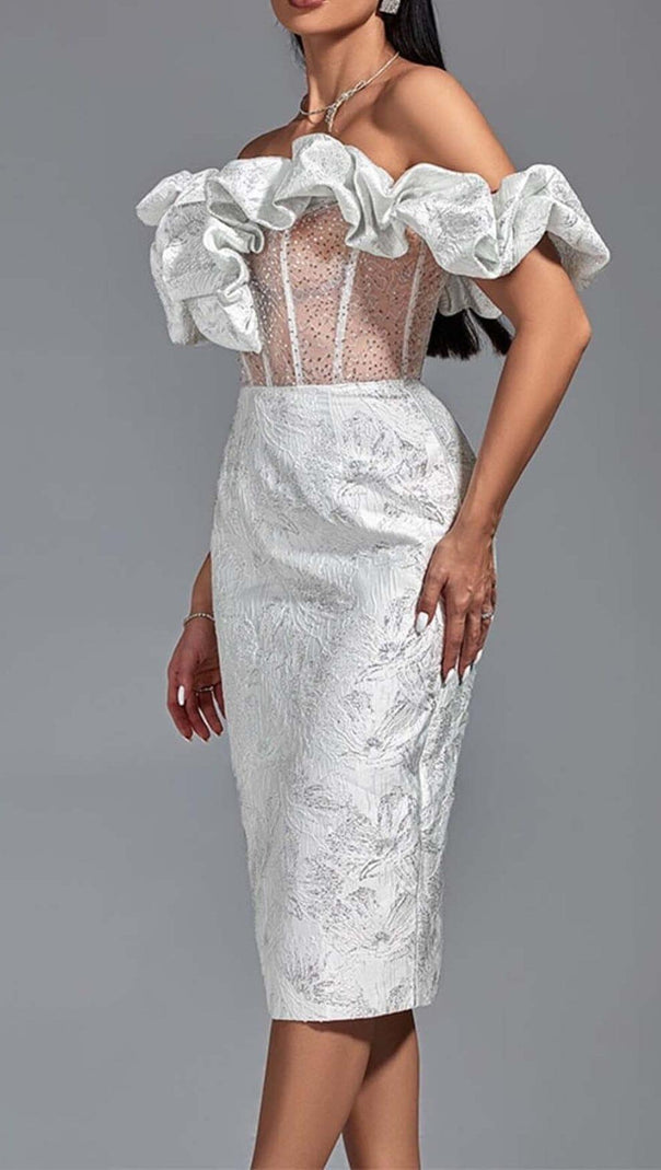 AIIZIE RUFFLE CORSET MIDI DRESS IN WHITE - product image