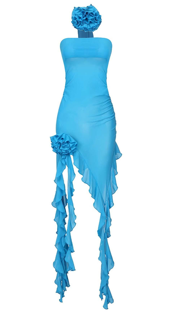AIIZIE RUFFLE ROSETTE MESH MIDI DRESS IN BLUE - product image