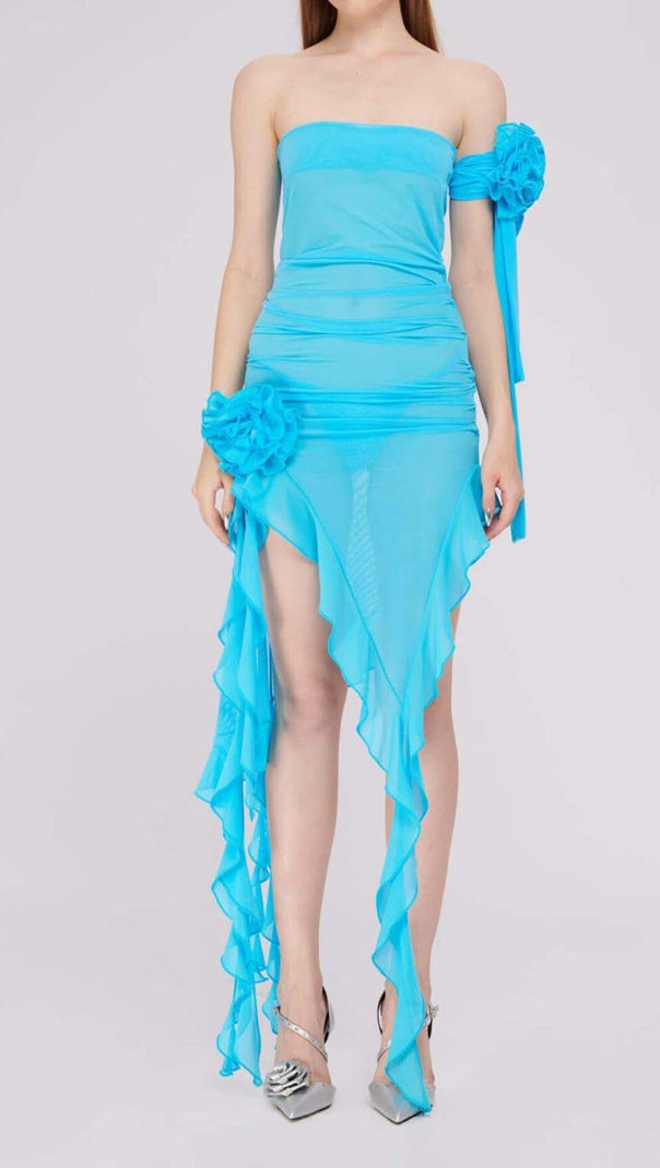 AIIZIE RUFFLE ROSETTE MESH MIDI DRESS IN BLUE - product image