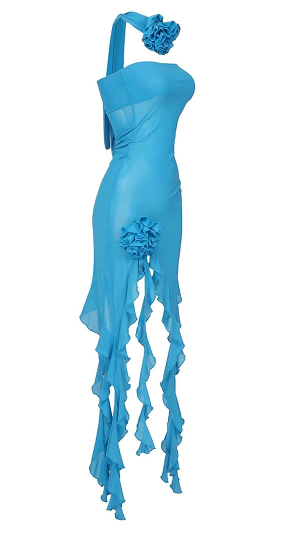 AIIZIE RUFFLE ROSETTE MESH MIDI DRESS IN BLUE - product image