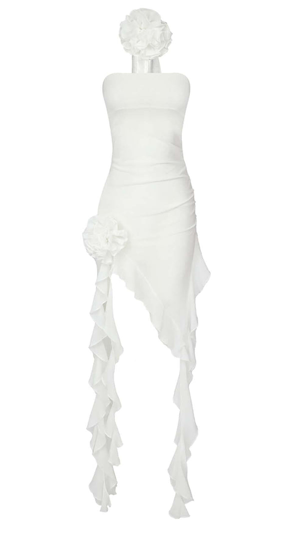 AIIZIE RUFFLE ROSETTE MESH MIDI DRESS IN WHITE - product image