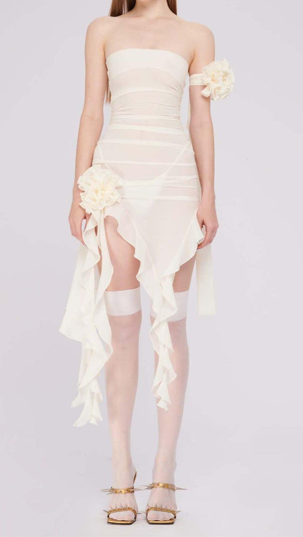 AIIZIE RUFFLE ROSETTE MESH MIDI DRESS IN WHITE - product image