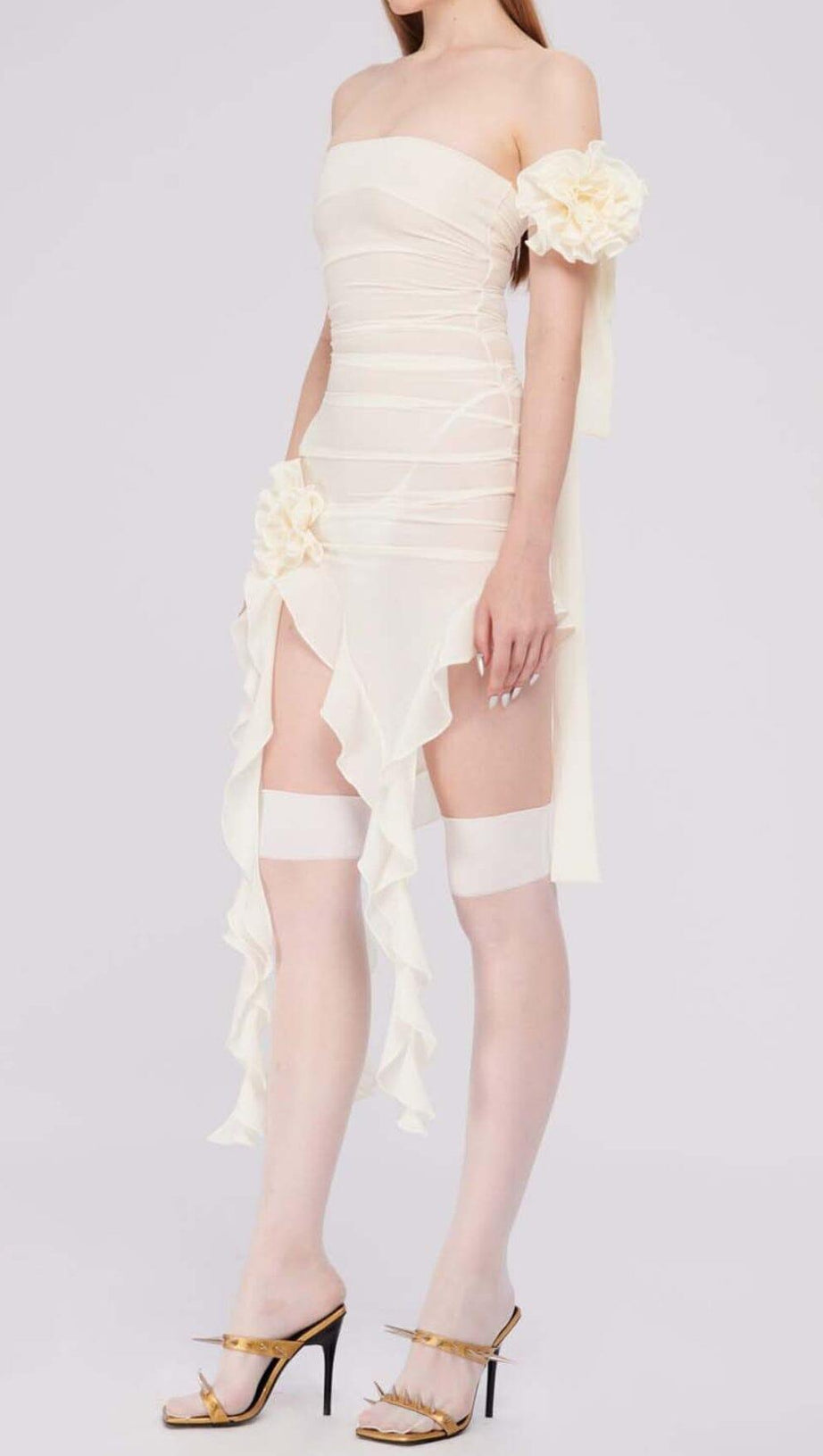 RUFFLE ROSETTE MESH MIDI DRESS IN WHITE