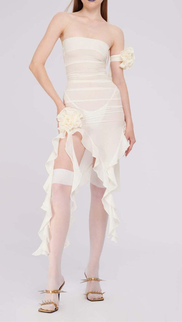 AIIZIE RUFFLE ROSETTE MESH MIDI DRESS IN WHITE - product image