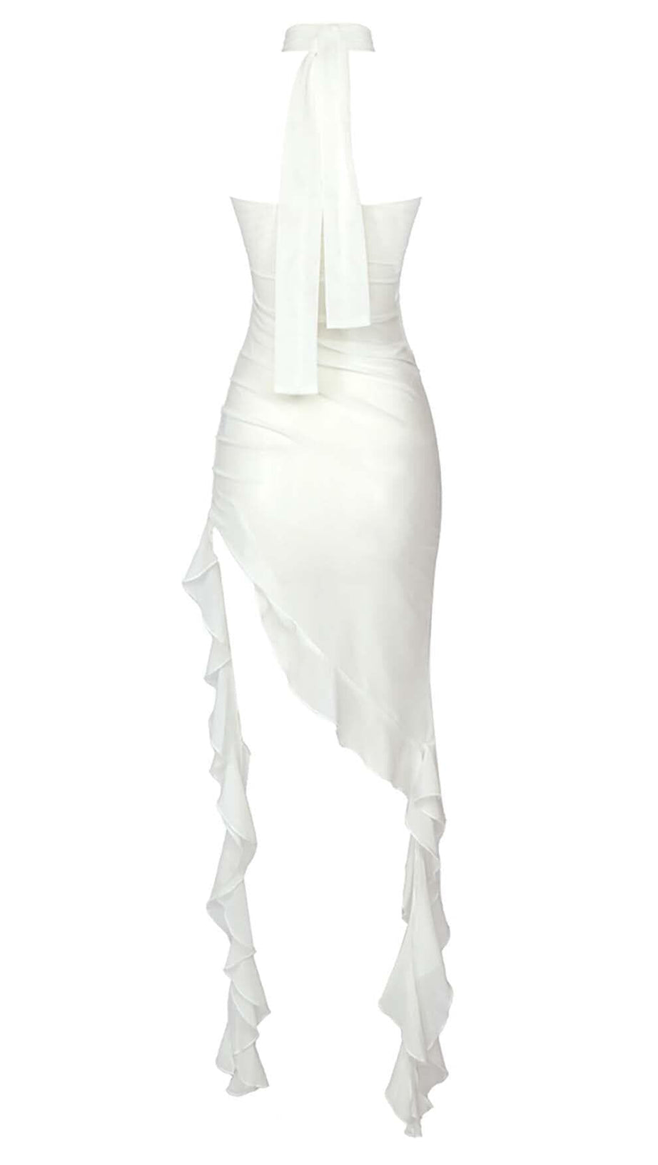 RUFFLE ROSETTE MESH MIDI DRESS IN WHITE